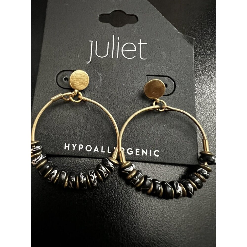 Juliet Gold Stud Dangle Hoop Earrings w Black Stones